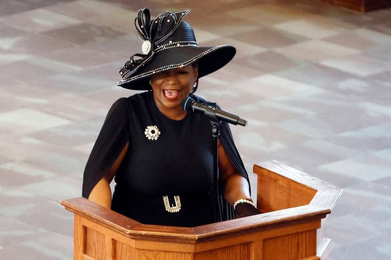 Dr. Angela Farris, seen here at her mother Christine King Farris' funeral last year, says that it can still be unnerving to be approached by strangers when they learn she is a member of the King family. (Miguel Martinez/AJC 2023 photo)