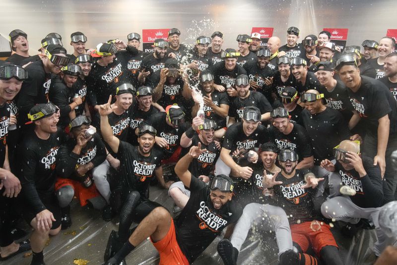 Baltimore Orioles' players celebrate after clinching a playoff berth by defeating the New York Yankees in baseball game, Tuesday, Sept. 24, 2024, in New York. (AP Photo/Bryan Woolston)