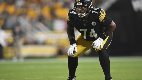 FILE - Pittsburgh Steelers guard Spencer Anderson (74) lines up during the second half of an NFL exhibition football game against the Buffalo Bills, Aug. 17, 2024, in Pittsburgh. (AP Photo/David Dermer, file)