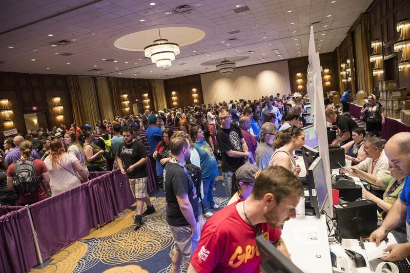 08/30/2018 — Atlanta, Georgia — Dragon con participants register for the event at the Sheraton Hotel in downtown Atlanta. (ALYSSA POINTER/ALYSSA.POINTER@AJC.COM)