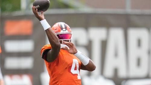 Cleveland Browns quarterback Deshaun Watson (4) throws during a joint NFL football practice with the Minnesota Vikings, Thursday, Aug. 15, 2024, in Berea, Ohio. (AP Photo/Sue Ogrocki)