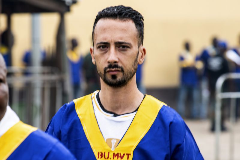 American Tyler Thompson arrives for a court verdict in Congo, Kinshasa, Friday Sept .13, 2024, on charges of taking part in a coup attempt in May 2024. (AP Photo/Samy Ntumba Shambuyi)