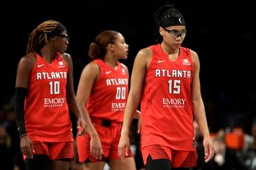 Atlanta Dream guard Allisha Gray (15) reacts during the second half of an WNBA basketball first-round playoff game against the New York Liberty Tuesday, Sept. 24, 2024, in New York. The Liberty won 91-82 to clinch the series 2-0.  (AP Photo/Adam Hunger)