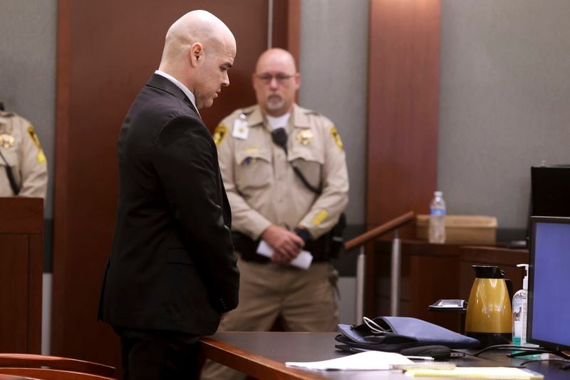 Robert Telles reacts to the guilty verdict in his murder trial at the Regional Justice Center in Las Vegas Wednesday, August 28, 2024. Telles, a former Clark County public administrator, was found guilty in the stabbing death of Las Vegas Review-Journal investigative journalist Jeff German. (K.M. Cannon/Las Vegas Review-Journal via AP, Pool)