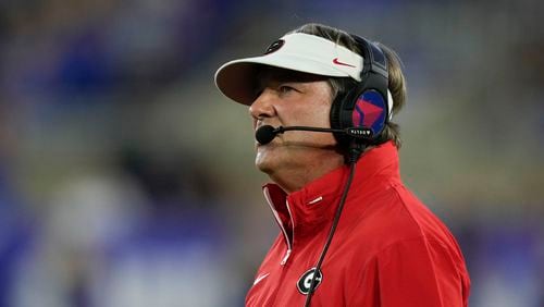 Georgia head coach Kirby Smart watches during the first half of an NCAA college football game against Kentucky, Saturday, Sept. 14, 2024, in Lexington, Ky. (AP Photo/Darron Cummings)