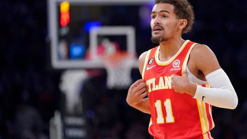 Hawks guard Trae Young will miss Monday night’s matchup against the Bucks. The team ruled out the 24-year-old guard with right shin soreness ahead of the game at State Farm Arena. (AP Photo/Mary Altaffer)