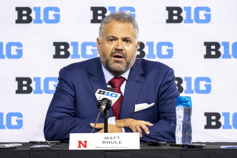 FILE - Nebraska head coach Matt Rhule talks with reporters during an NCAA college football news conference at Lucas Oil Stadium, July 24, 2024, in Indianapolis. (AP Photo/Doug McSchooler, File)