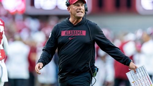 Alabama coach Kalen DeBoer cheers his team after the first touchdown of the season against Western Kentucky, Saturday, Aug. 31, 2024, in Tuscaloosa, Ala. The undefeated and No. 4-ranked Crimson Tide play host to No. 2 Georgia in DeBoer's first SEC game as Alabama's coach on Saturday (Vasha Hunt/Associated Press)