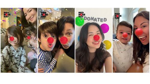 This undated combination of images provided by Comic Relief's Red Nose Day shows social media users taking selfies with the campaign's filters. (Comic Relief's Red Nose Day via AP)