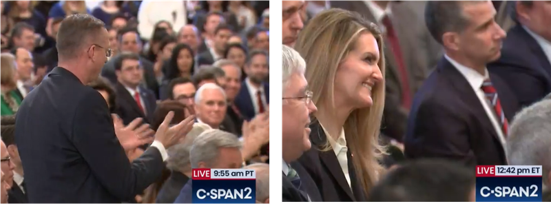 U.S. Rep. Doug Collins (left) and U.S. Sen. Kelly Loeffler both received shout-outs from President Donald Trump during remarks on Thursday, Feb. 6, 2020, following his acquittal on two impeachment charges. Screenshots taken from C-SPAN feed.
