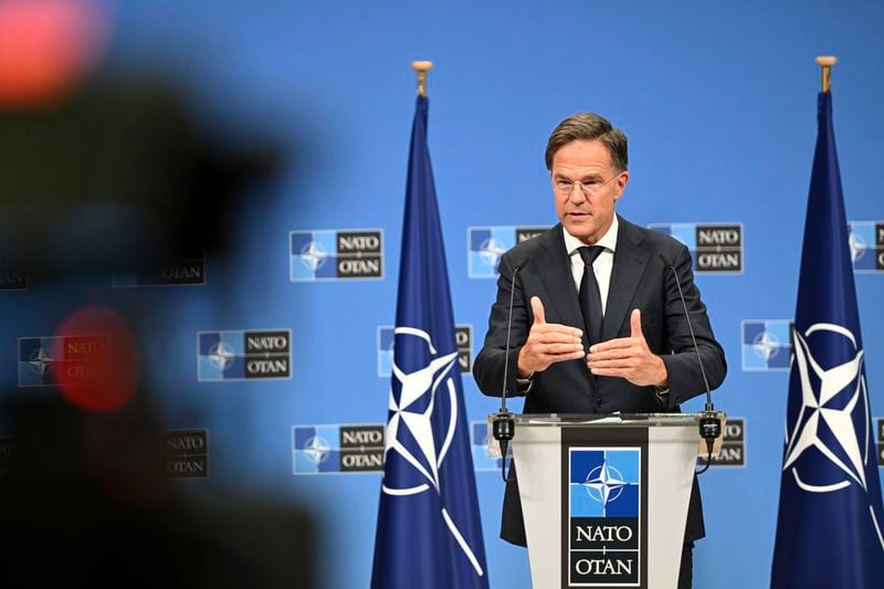 The new NATO Secretary General Mark Rutte speaks during a press conference at NATO headquarters in Brussels, Belgium, Tuesday, Oct. 1, 2024. (AP Photo/Harry Nakos)