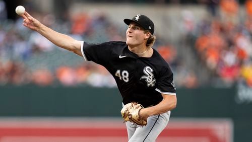 Chicago White Sox starting pitcher Jonathan Cannon (48) throws during the first inning of a baseball game against the Baltimore Orioles, Wednesday, Sept. 4, 2024, in Baltimore. (AP Photo/Stephanie Scarbrough)