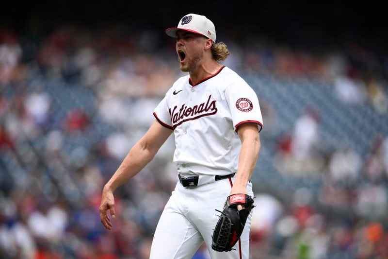 Washington Nationals starting pitcher Jake Irvin reacts after he struck out New York Mets' Tyrone Taylor to end the top of the eighth inning of a baseball game against the New York Mets, Thursday, July 4, 2024, in Washington. Irvin allowed just one hit and issued one walk in eight innings, Jesse Winker hit a pinch-hit home run and the Washington Nationals beat the New York Mets 1-0 (AP Photo/Nick Wass)