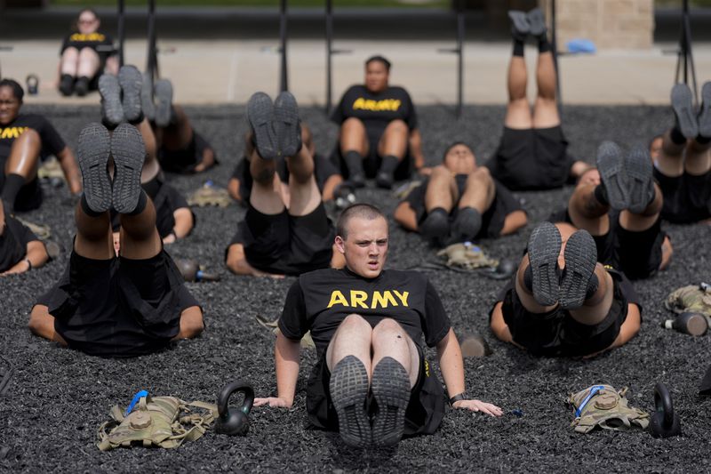 New recruits participate in the Army's future soldier prep course that gives lower-performing recruits up to 90 days of academic or fitness instruction to help them meet military standards at Fort Jackson, a U.S. Army Training Center, Wednesday, Sept. 25, 2024, in Columbia, S.C. (AP Photo/Chris Carlson) call