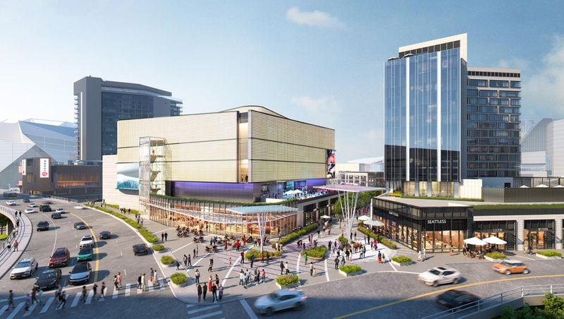 This is a rendering of the planned entertainment district that will make up the center of the Centennial Yards development in downtown Atlanta. The project was designed by Atlanta architecture firm Gensler.