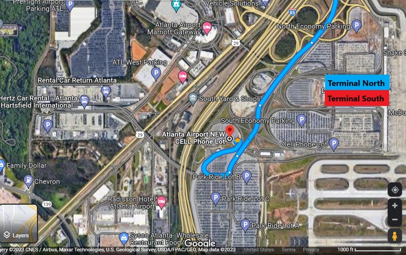 Here's a route to get to the cell phone lot at Hartsfield-Jackson. Source: Google maps, AJC.