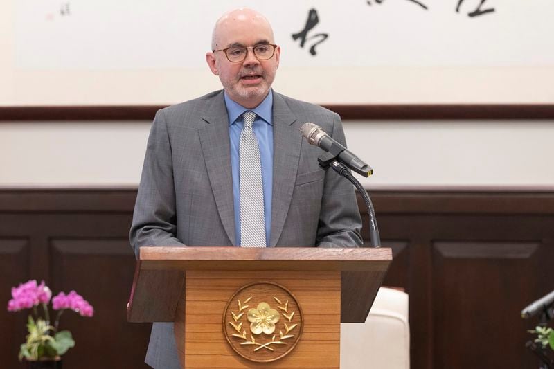 In this photo released by the Taiwan Presidential Office, American Institute in Taiwan's (AIT) director Greene F. Raymond speaks during a meeting with Taiwan's President William Lai Ching-te, in Taipei, Taiwan on July 10, 2024. Raymond who newly assumed his office on July 9, met with Taiwan President William Lai in the morning of July 10, when both reiterated on the strong partnership Taiwan and the U.S. nurtured from the past, with ups and downs. (Taiwan Presidential Office via AP)