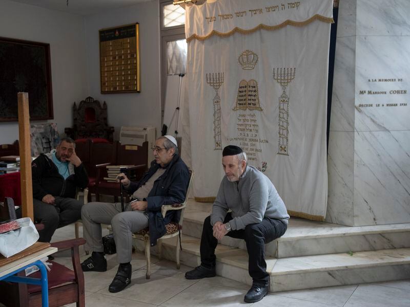 Jewish congregants gather at the Ohel Yaacov Synagogue in Marseille, southern France, Sunday, April 21, 2024. (AP Photo/Daniel Cole)
