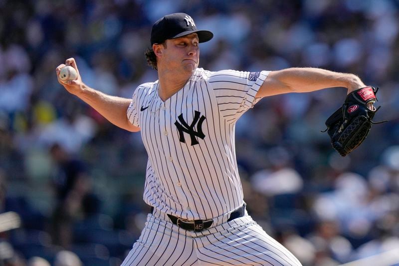 New York Yankees' Gerrit Cole throws during the third inning of a baseball game against the Boston Red Sox, Saturday, Sept. 14, 2024, in New York. (AP Photo/Frank Franklin II)