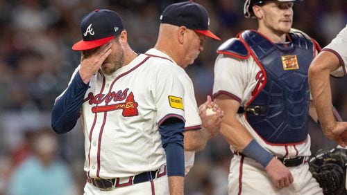 Atlanta Braves pitcher Luke Jackson (22) leaves the mound during a pitching change in the seventh inning against the Colorado Rockies at Truist Park in Atlanta on Thursday, September 5, 2024. The Braves lost 3-1. (Arvin Temkar / AJC)