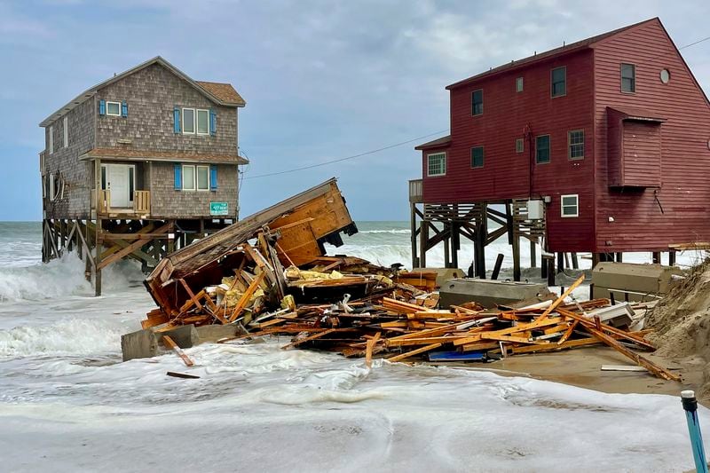 This photo provided by Cape Hatteras National Seashore shows debris from a collapsed house in Rodanthe, N.C., on Wednesday, Sept. 25, 2024. (Cape Hatteras National Seashore/National Park Service via AP)