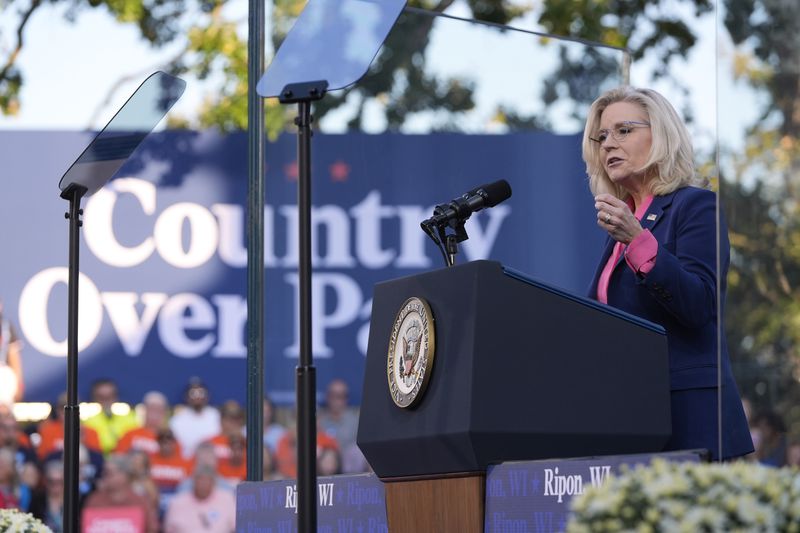 Former Congresswoman Liz Cheney, R-Wyo., speaks at a campaign event for Democratic presidential nominee Vice President Kamala Harris at Ripon College in Ripon, Wis., Thursday, Oct. 3, 2024. (AP Photo/Mark Schiefelbein)