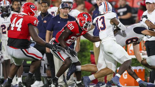 Georgia JaCorey Thomas (20) has gotten lots of meaningful work in the Bulldogs' secondary, including making this play against  UT-Martin last September at Sanford Stadium. But the junior from Orlando got his first career start in Georgia's season opener against Clemson last week in the Aflac Kickoff Game in Atlanta. (Jason Getz / Jason.Getz@ajc.com)