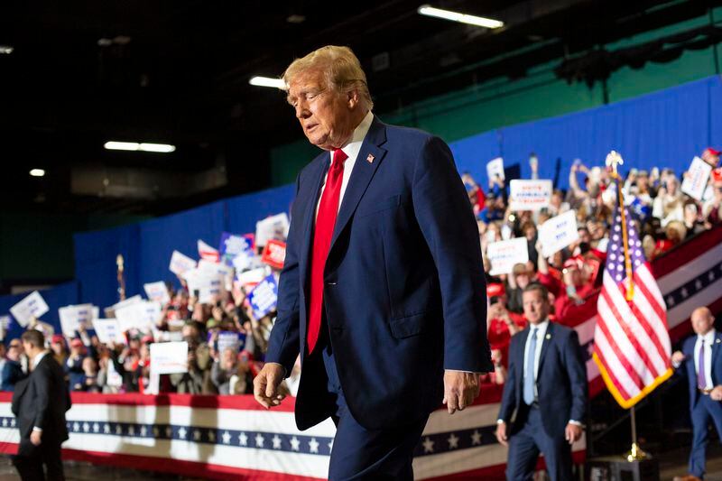  Former president Donald Trump walks to the stage for a get-out-the-vote rally in Greensboro, N.C. on Saturday, March 2, 2024.