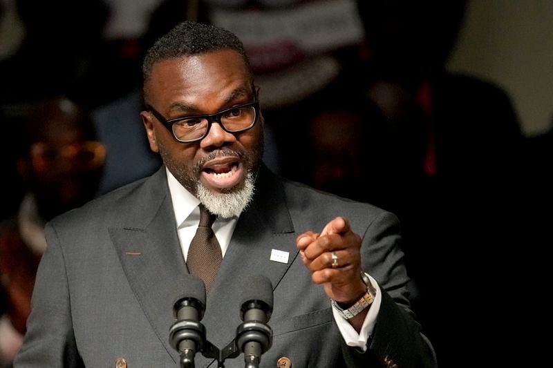 Chicago Mayor Brandon Johnson responds to a question during a news conference where he introduced six of his nominees to the Chicago Board of Education on Monday, Oct. 7, 2024, in Chicago. (AP Photo/Charles Rex Arbogast)