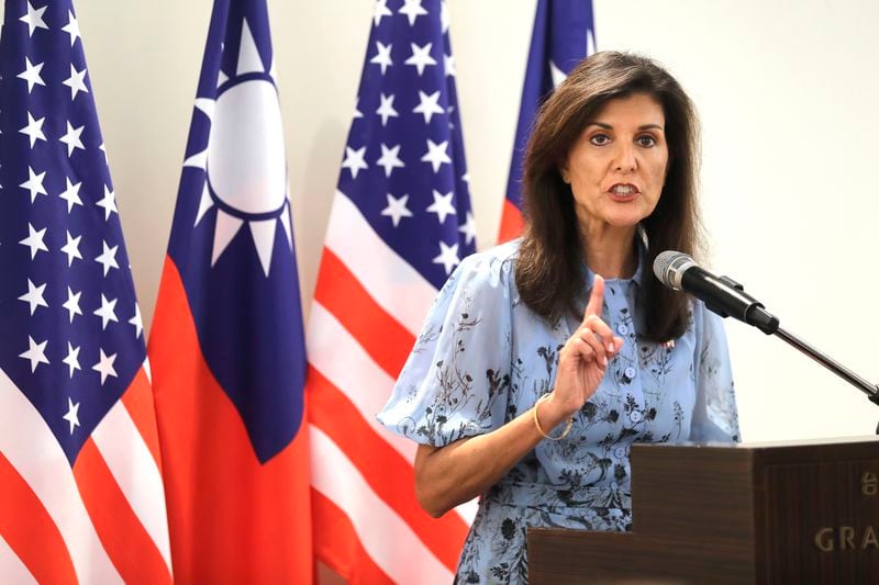 Nikki Haley, former United States Ambassador to the United Nations, speaks to media during her press conference before leaving Taipei, Taiwan, Saturday, Aug. 24, 2024. (AP Photo/Chiang Ying-ying)