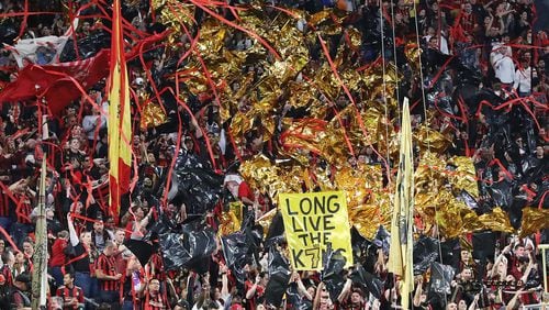 March 8, 2020 Atlanta: Atlanta United fans wave gold flags in honor of injured player Josef Martinez to start the home opener against FC Cincinnati in a MLS soccer match on Saturday, March 8, 2020, in Atlanta.   Curtis Compton ccompton@ajc.com