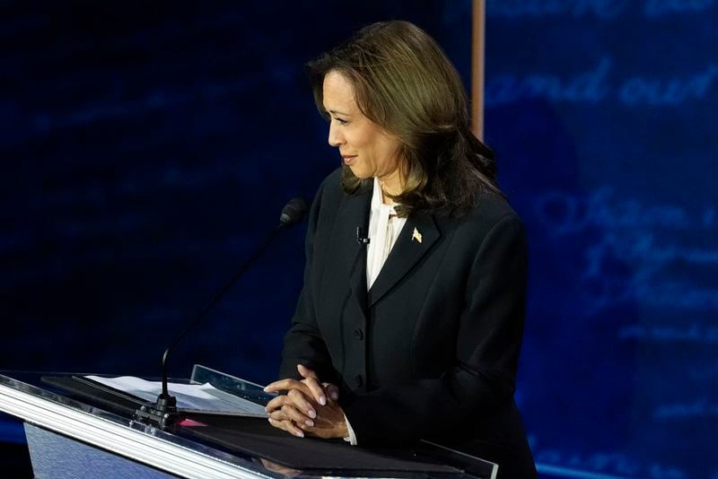 Democratic presidential nominee Vice President Kamala Harris listens during a presidential debate with Republican presidential nominee former President Donald Trump at the National Constitution Center, Tuesday, Sept.10, 2024, in Philadelphia. (AP Photo/Alex Brandon)