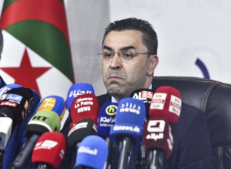 Presidential candidate and leader of the FFS party, Youcef Aouchich, speaks at a press conference after the presidential elections results were announced, Monday, Sept. 9, 2024, in Algiers, Algeria. After being declared the winner of Algeria's election, President Abdelmadjid Tebboune joined his two challengers in criticizing the country's election authority for announcing results that contradicted earlier turnout figures and local tallies. (AP Photo/Fateh Guidoum)