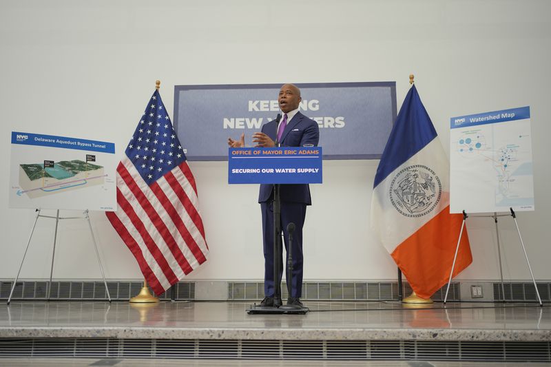 NYC Mayor Eric Adams speaks to reporters during a news conference about repairs occurring to the water supply infrastructure in New York, Monday, Sept. 30, 2024. (AP Photo/Seth Wenig)