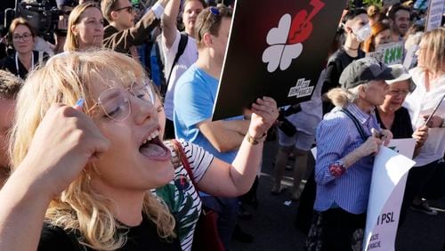 FILE - A woman chants before Poland's parliament during a protest against the recent failure by the centrist government of Prime Minister Donald Tusk to muster sufficient support for a vote to liberalize the country's strict anti-abortion law in Warsaw, Poland, on July 23, 2024. (AP Photo/Czarek Sokolowski, File)