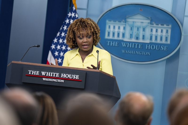 White House press secretary Karine Jean-Pierre speaks during a press briefing at the White House, Tuesday, July 9, 2024, in Washington. (AP Photo/Evan Vucci)