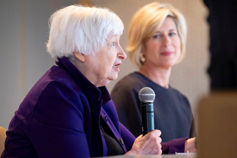 U.S. Treasury Secretary Janet Yellen (left)  left, was in Atlanta on Thursday for meetings with health care, law enforcement and business officials. She is pictured with Katie Kirkpatrick, president and CEO of Metro Atlanta Chamber.