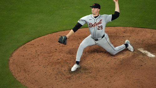 Detroit Tigers starting pitcher Tarik Skubal throws during the fifth inning of a baseball game against the Kansas City Royals Wednesday, Sept. 18, 2024, in Kansas City, Mo. (AP Photo/Charlie Riedel)