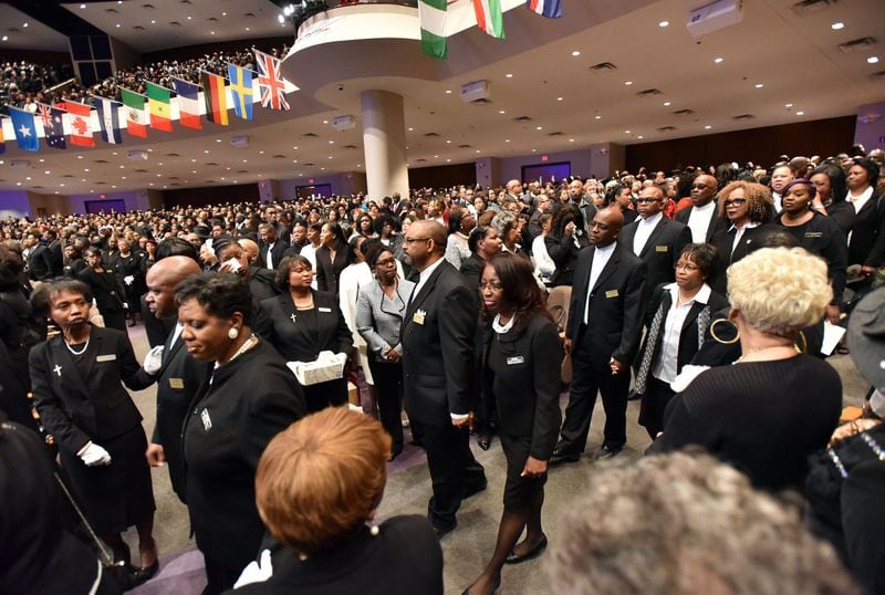 Mourners filled the sanctuary during the homegoing services for Bishop Eddie Long, senior pastor at New Birth Missionary Baptist Church, on Wednesday, Jan. 25, 2017. HYOSUB SHIN / HSHIN@AJC.COM