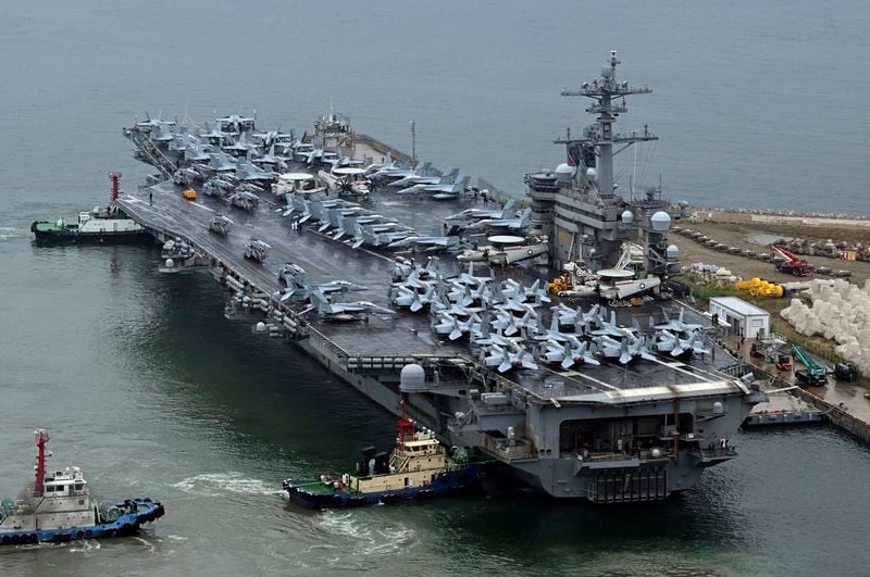 FILE - The Theodore Roosevelt (CVN 71), a nuclear-powered aircraft carrier is anchored in Busan, South Korea, on June 22, 2024. (Song Kyung-Seok/Pool Photo via AP)