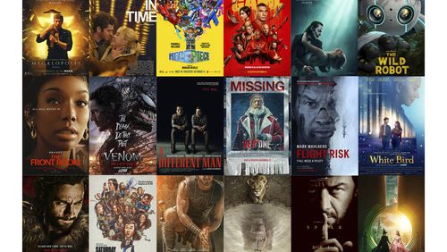 This combination of photos shows promotional art from upcoming films, top row from left, "Megalopolis" (Lionsgate), "We Live in Time" (A24), "Piece By Piece" (Focus Features), "The Killer's Game" (Lionsgate), "Joker: Folie à Deux" (Warner Bros.) , and "The Wild Robot" (Universal), second row from left, "The Front Room" (A24), "Venom: The Last Dance" (Sony), "A Different Man" (A24), "Red One" (Amazon), "Flight Risk" (Lionsgate), and "White Bird" (Lionsgate), bottom row from left, "Kraken The Hunter" (Sony), "Saturday Night" (Sony), "Gladiator 2" (Paramount), "Mufasa: The Lion King" (Disney), "Speak No Evil" (Universal), and "Wicked" (Universal). (AP Photo)