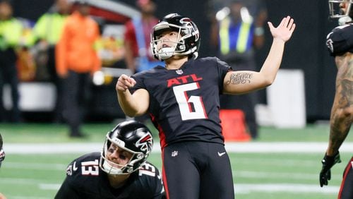 Atlanta Falcons placekicker Younghoe Koo (6) watches the ball hitting the post for a missed field-goal attempt during the first half of an NFL football game against the Tampa Bay Buccaneers on Sunday, Dec. 10, 2023, at Mercedes-Benz Stadium in Atlanta. (Miguel Martinez/miguel.martinezjimenez@ajc.com)