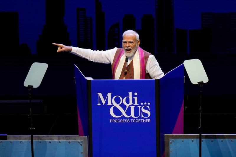 Narendra Modi, Prime Minister of India, speaks at an event in Uniondale, N.Y., Sunday, Sept. 22, 2024. (AP Photo/Seth Wenig)