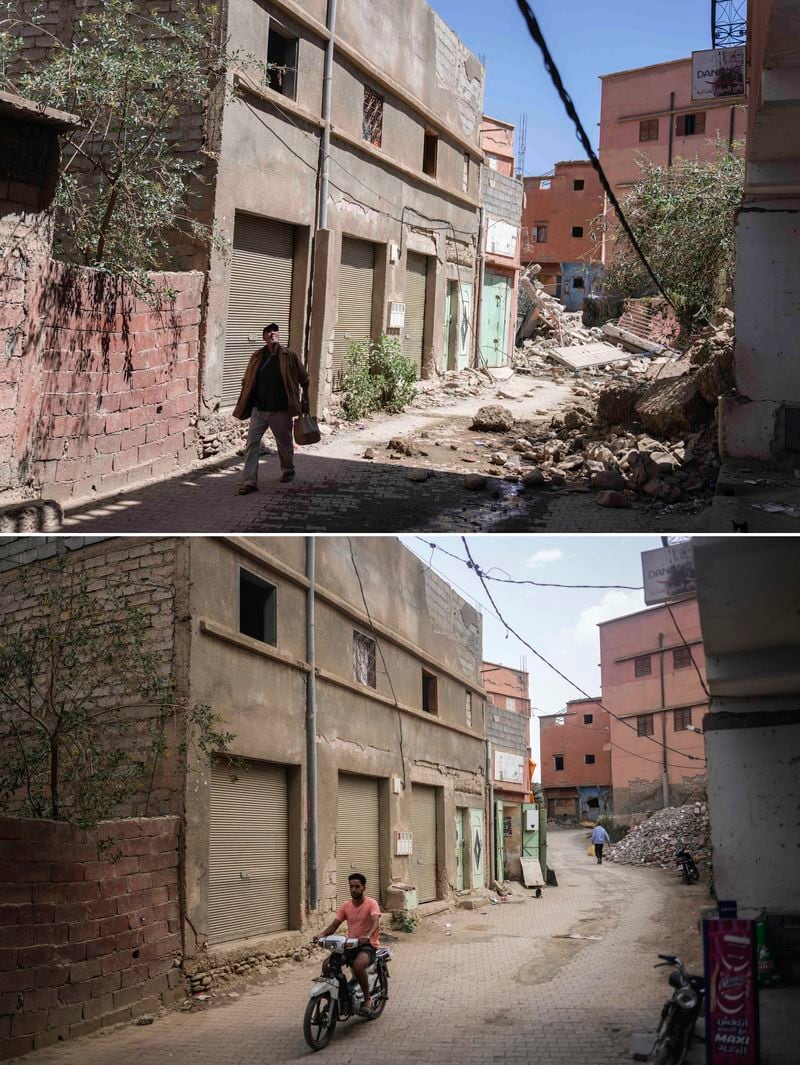 In this combination of photos, a man looks at damage from an earthquake in the town of Amizmiz, Morocco, outside Marrakech, Sept. 10, 2023, and a man driving past the same street on Sept. 4, 2024. (AP Photo/Mosa'ab Elshamy)