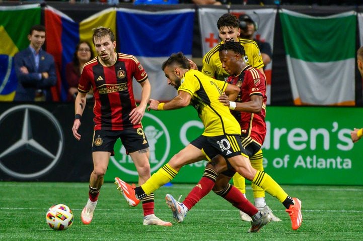 Ajani "Jay" Fortune competes for possession during the Atlanta United game against Columbus Crew at Mercedes Benz Stadium in Atlanta, GA on July 20, 2024. (Jamie Spaar for the Atlanta Journal Constitution)