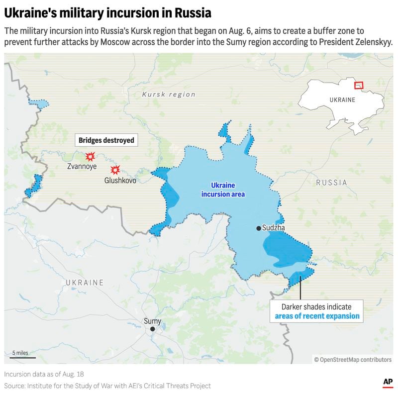 The map above shows the Ukraine incursion area inside Russia’s Kursk region as of Aug. 18, 2024. (AP Digital Embed)