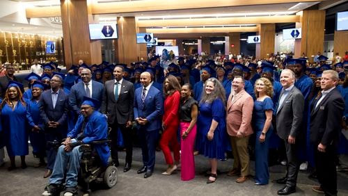 A ceremony for 370 graduates took place Thursday at Truist Park Delta Sky Club with Atlanta Mayor Andre Dickens as a guest speaker and Rodney Bullard, CEO of The Same House, delivering the keynote address. Also pictured is Goodwill North Georgia CEO Keith Parker
Courtesy Goodwill North Georgia