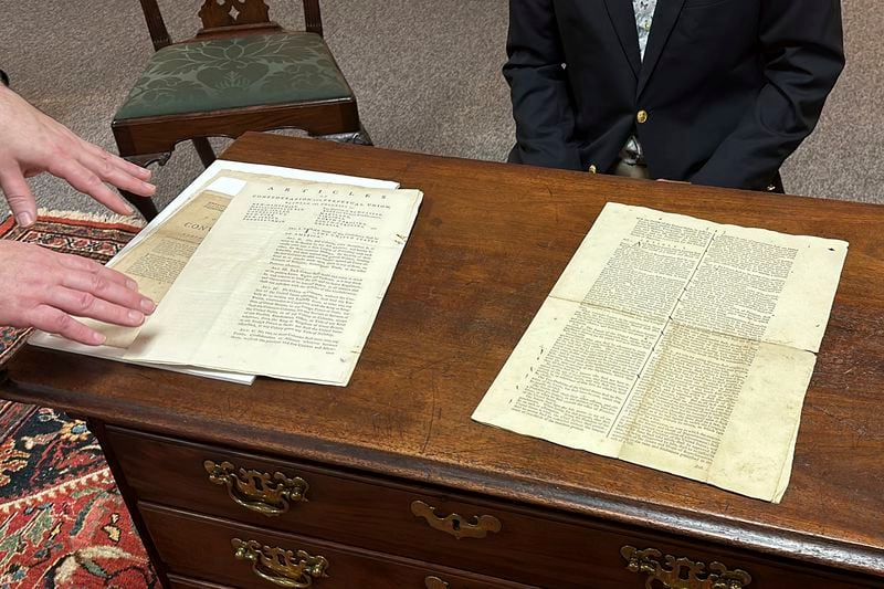 An 1787 copy of the U.S. Constitution that will be put up for auction on Sept. 28, 2024 is shown at Bruck Auctions in Asheville, N.C., on Thursday, Sept. 5. (AP Photo/Jeffrey Collins)