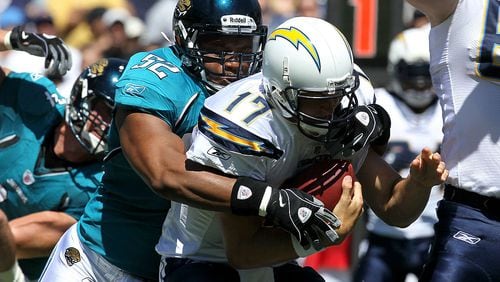 Jacksonville Jaguars linebacker Daryl Smith  sacks Chargers quarterback Philip Rivers at Qualcomm Stadium on Sept. 19, 2010, in San Diego.