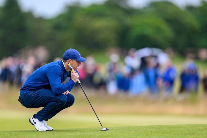 Rory McIlroy on the 5th hole on day one of the Scottish Open at The Renaissance Club, North Berwick, Scotland, Thursday July 11, 2024. (Malcolm Mackenzie/PA via AP)